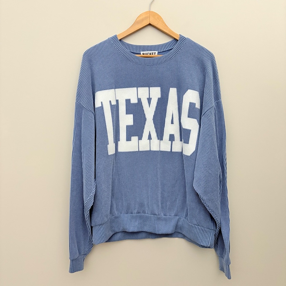 Bucketlist Texas Sweatshirt Rib Cord Comfy Graphic denim‎ blue Size L - Picture 2 of 10